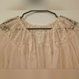 Vintage Baby Pink Lace&sheer Long Nightgown or Cover, Adjustable Neck Line